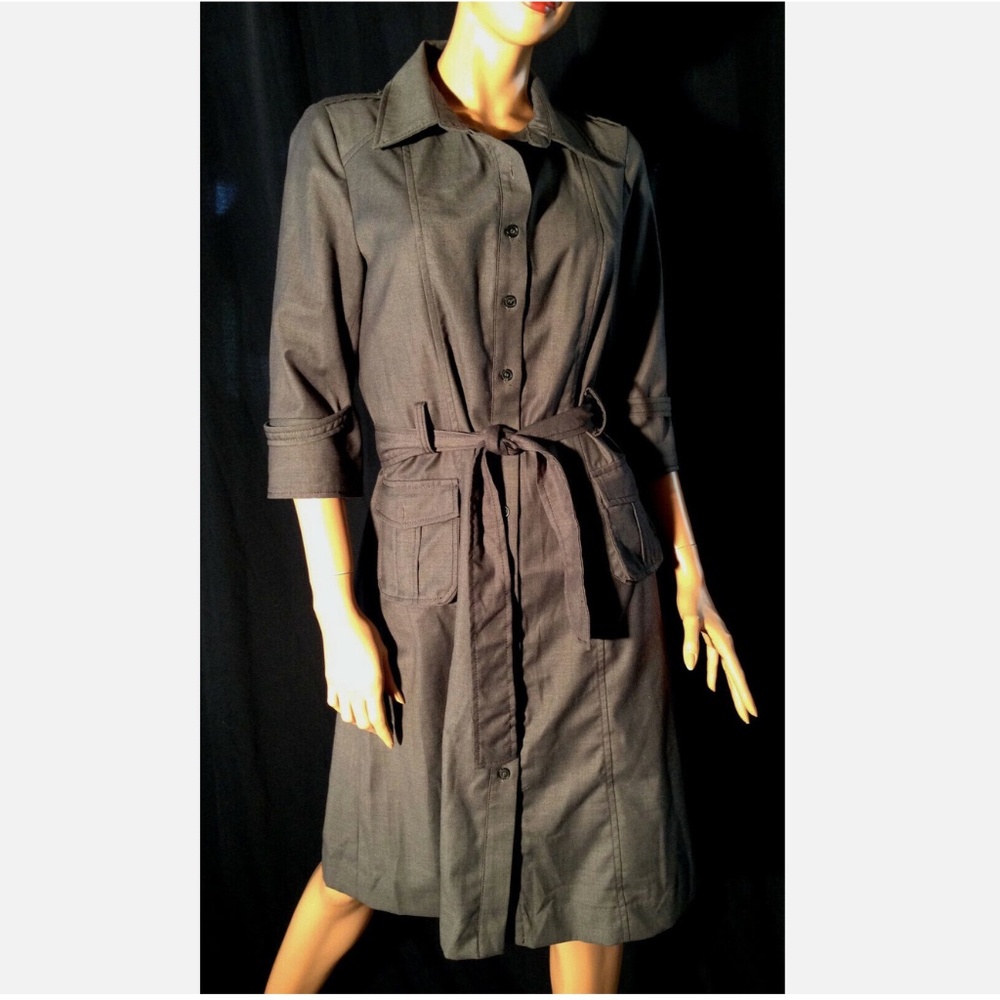 Vtg 90s ALLURA Gray Collared Button Down Shirt Dress/Sash Tie Belt~3/4 Sleeve~8